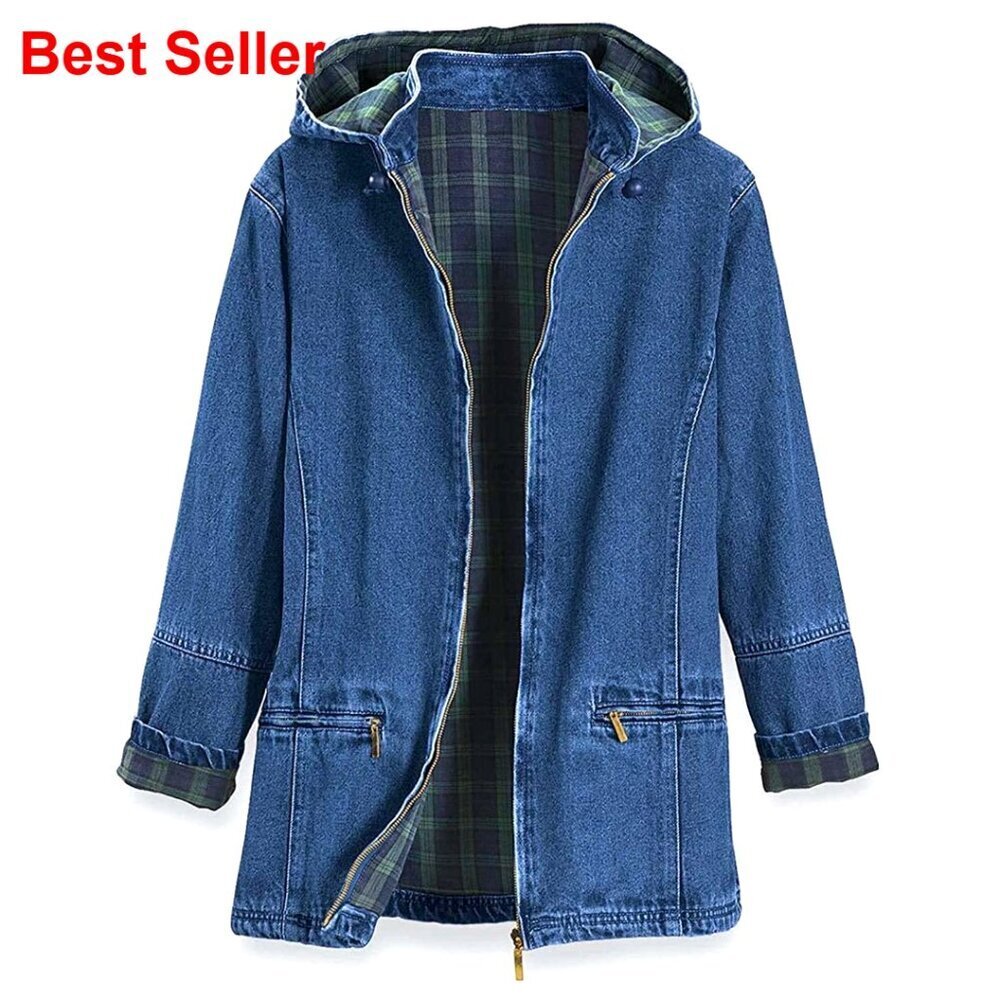 Women's Flannel Lined Denim Jacket with Detachable Hood, Zip Pockets